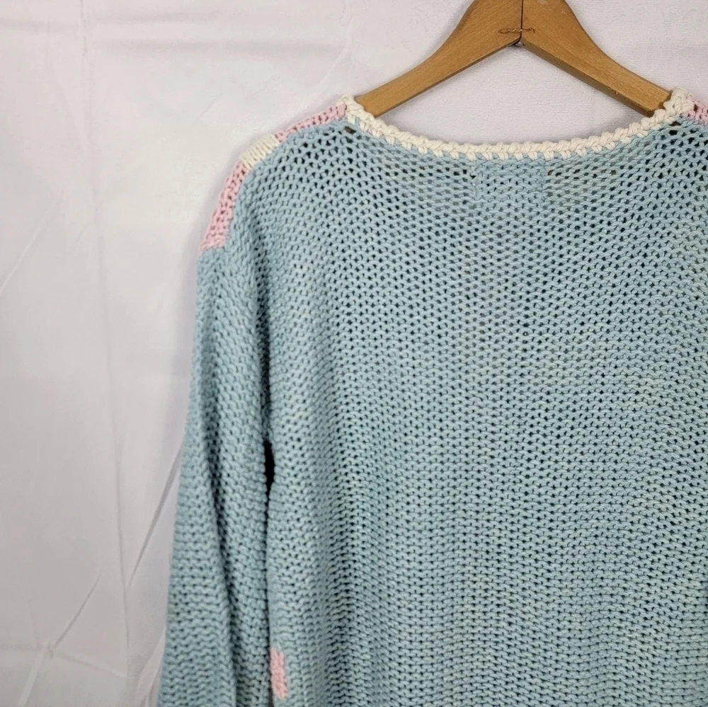 Womens Medium Cozy Blue and Pink Plaid Knit Sweater